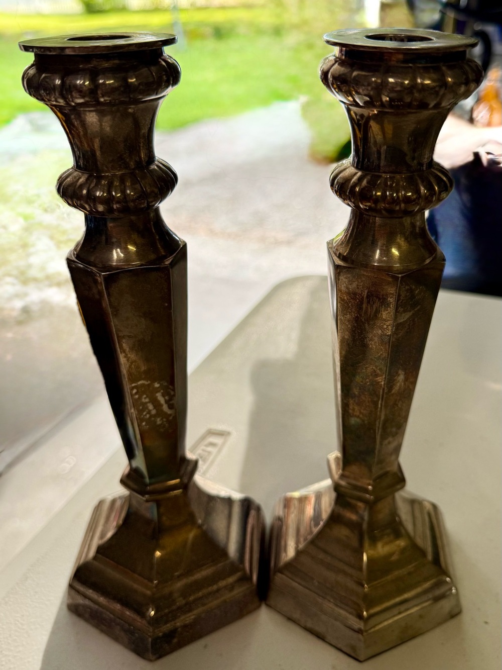 Vintage Pottery Barn Silver Plated Hexagonal Candlestick Holders, 9.5”